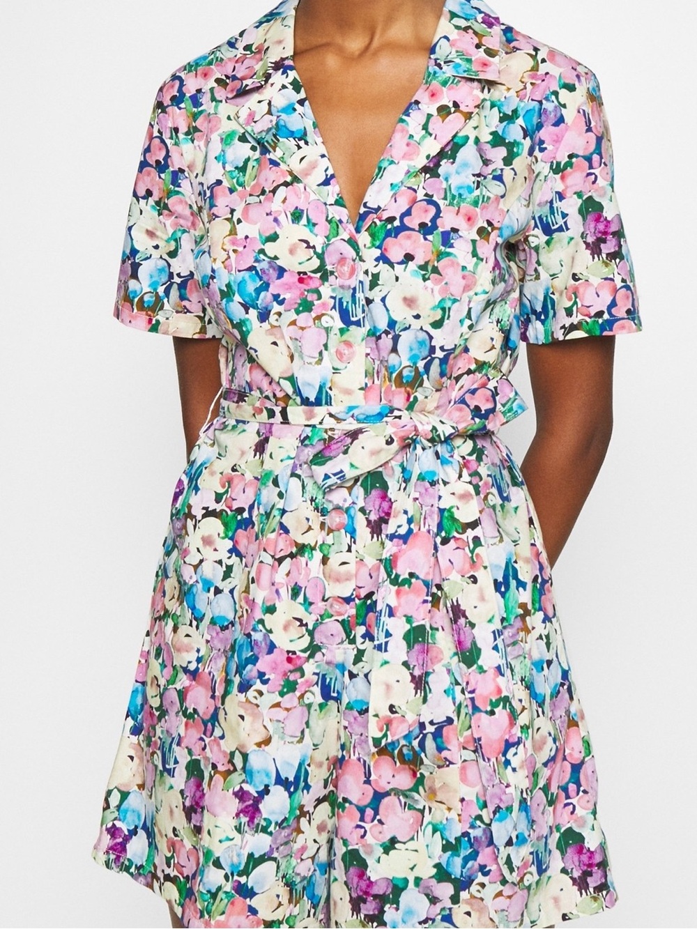 Monki Floral Button-Front Midi Tie Dress Women’s in Pastel Multi XL